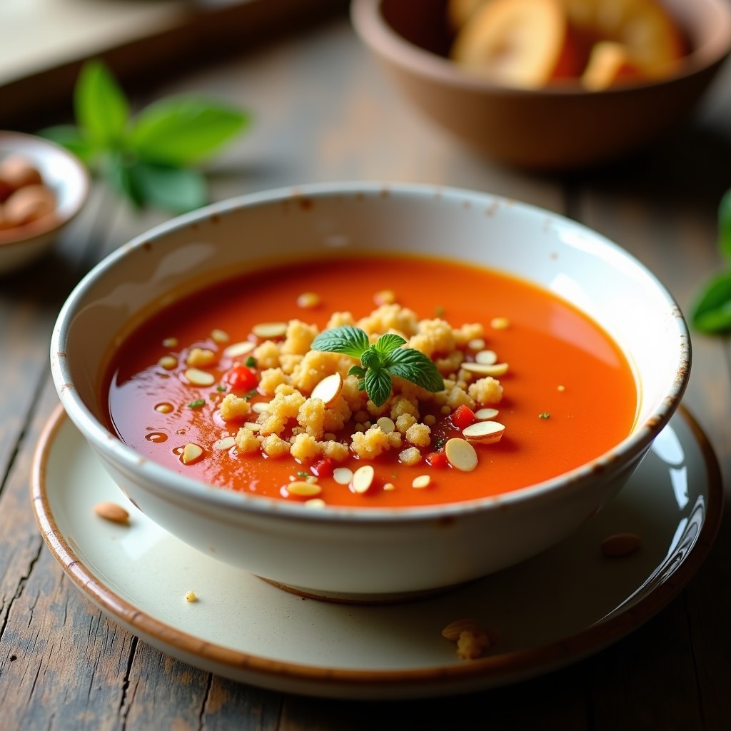 Cuenco de gazpacho andaluz bajo en carbohidratos con trozos crujientes de pepino y pimiento deshidratados en airfryer, almendras fileteadas y un hilo de aceite de oliva virgen extra.