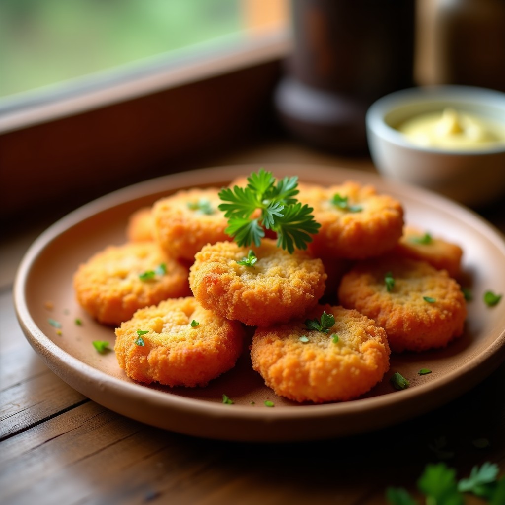 Plato de gazo pico crujiente dorado en airfryer, aperitivo andaluz con textura exterior crujiente y interior tierno, espolvoreado con perejil fresco.