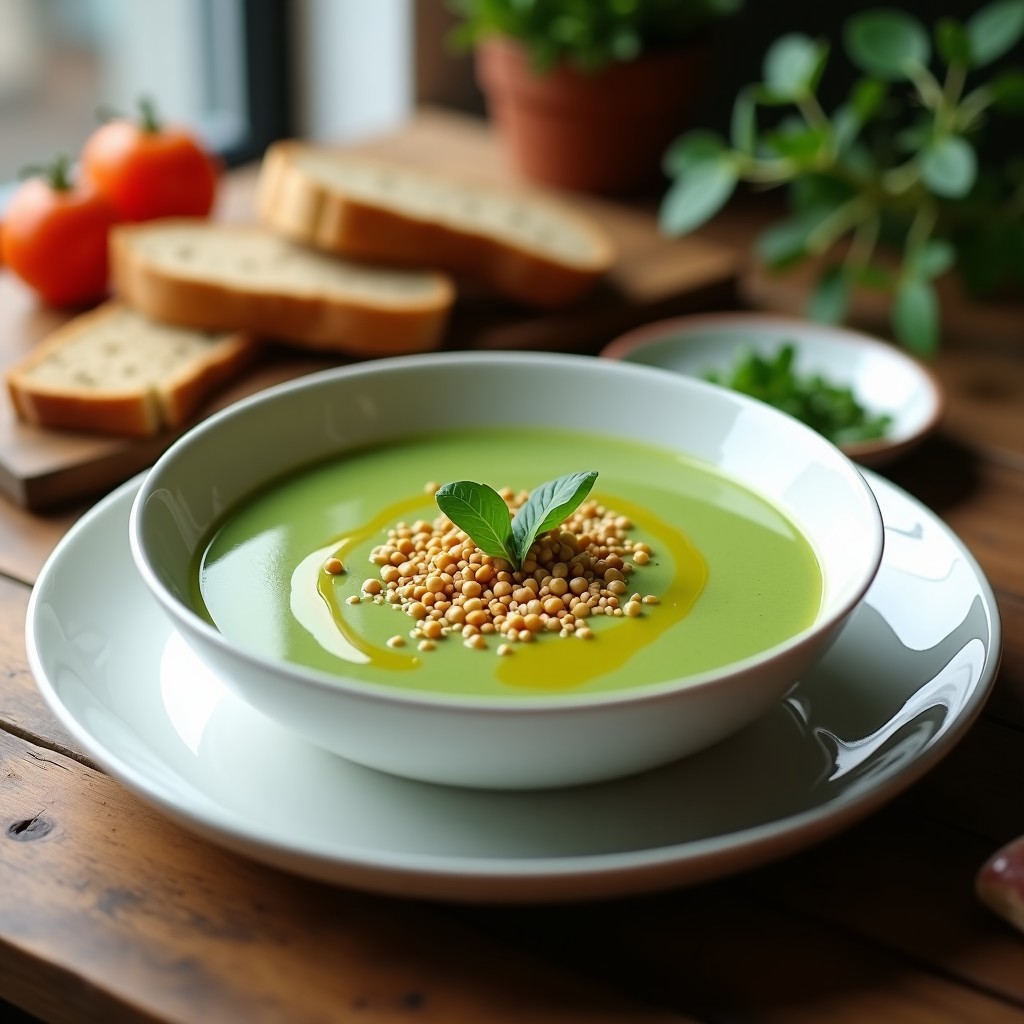 Cuenco blanco con gazpacho verde cremoso de espinacas y garbanzos, decorado con semillas de sésamo y un hilo de aceite de oliva, servido en una mesa rústica con pan integral al lado.