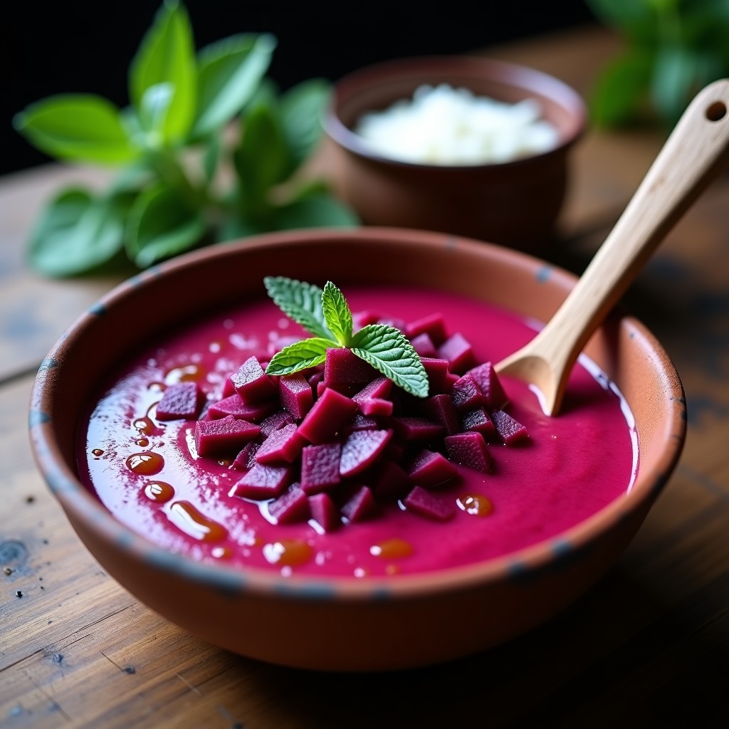 Gazpacho frío de remolacha fermentada en cuenco de barro, decorado con juliana de repollo morado, trozos de remolacha y hojas de menta, servido con cuchara de madera.