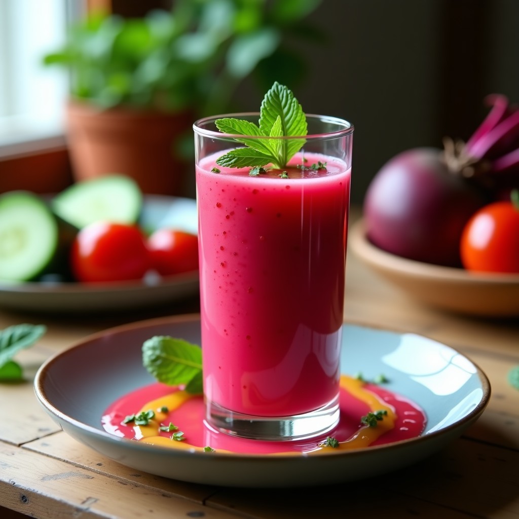 Vaso alto transparente con gazpacho de remolacha fermentada vegano, de color rosa intenso, decorado con hojas de menta fresca y un hilo de aceite de oliva. Fondo rústico con ingredientes frescos como pepino, tomate y remolacha.