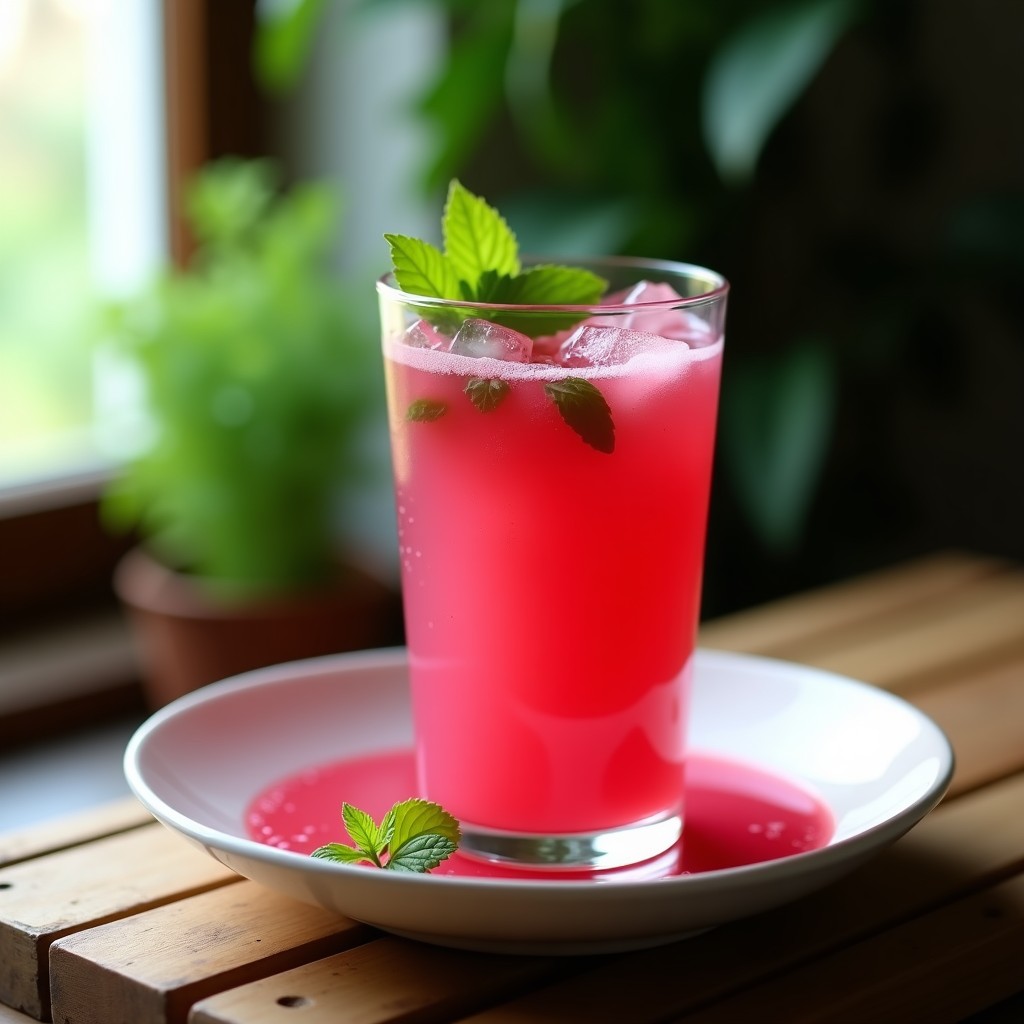 Vaso alto transparente con gazpacho de remolacha fermentada de color rosa vibrante, decorado con hojas de menta fresca y hielos, servido en una mesa rústica con fondo borroso de hierbas verdes.