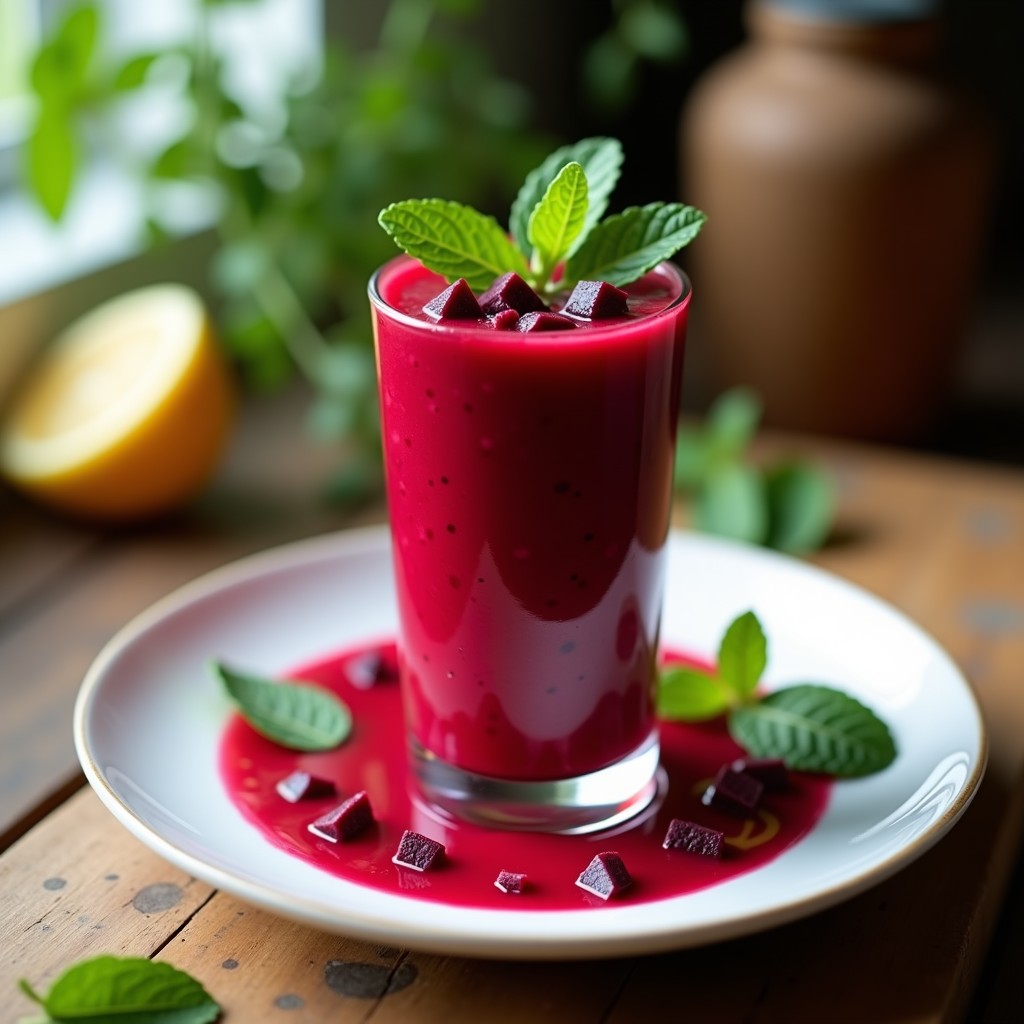 Vaso alto transparente con gazpacho de remolacha vegano de color rojo intenso, decorado con hojas de menta y cubitos de remolacha cruda, sobre una mesa rústica con fondo borroso.