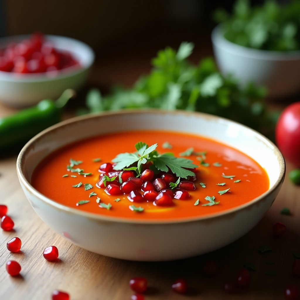 Cuenco de gazpacho picante andaluz con semillas de granada y hojas de cilantro fresco, servido frío en día de verano.