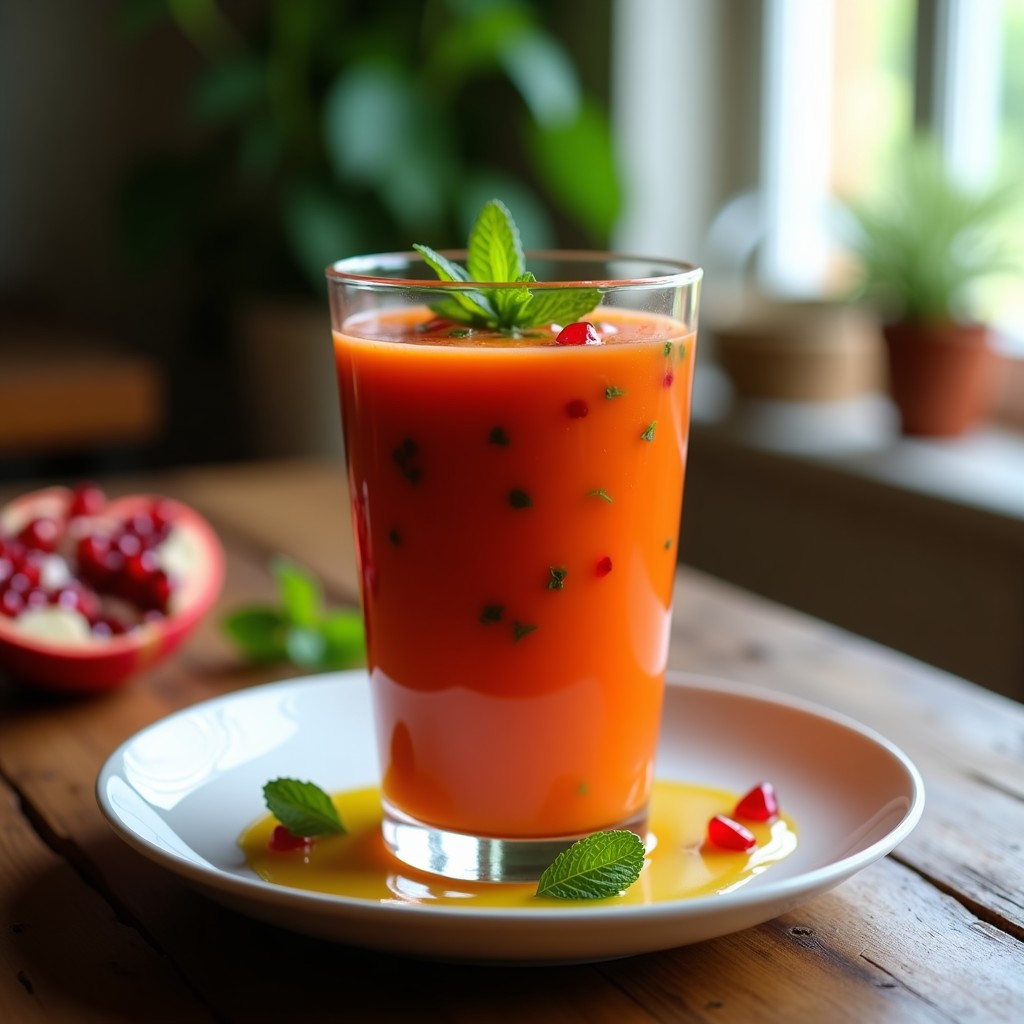 Vaso alto de gazpacho anduz de granada y pimiento vegano, con granos rojos de granada y hojas de menta fresca flotando, servido en fondo rústico de madera.
