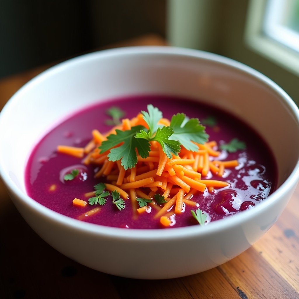 Cuenco de cerámica blanca con gazpacho de repollo escabeche vegano, decorado con perejil y cilantro fresco, servido sobre una mesa rústica de madera con luz natural.