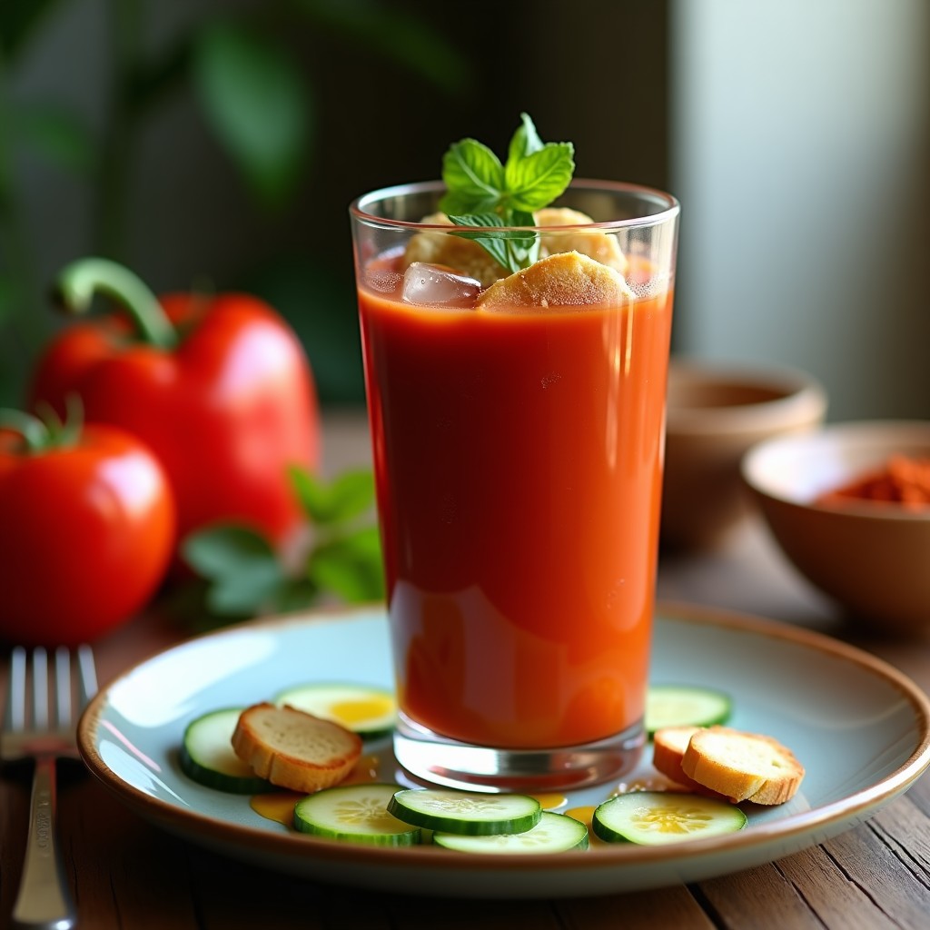 Vaso alto con gazpacho picón vegano ahumado, color rojo intenso, decorado con virutas de pepino, crujientes de pan y un hilo de aceite de oliva virgen extra sobre hielo picado.
