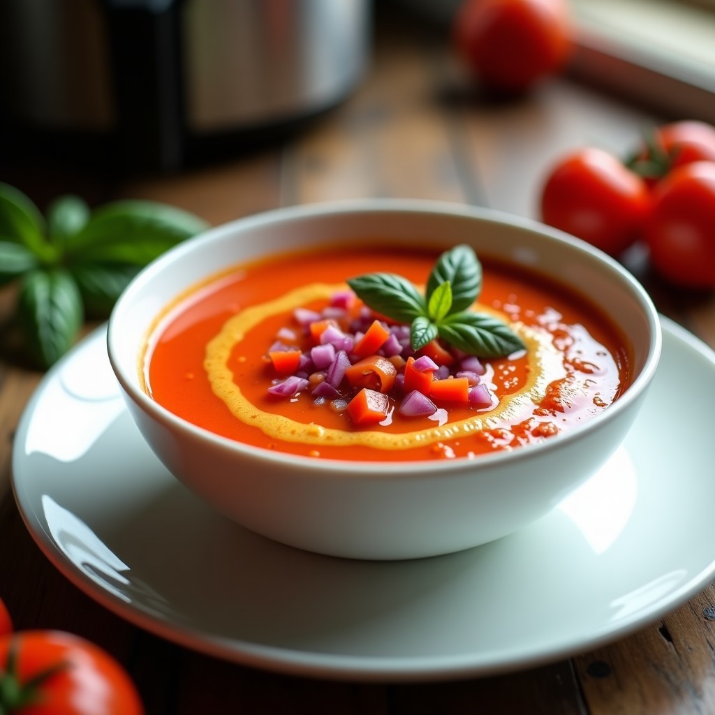 Cuenco de cerámica blanca con gazpacho picante vegano, decorado con trocitos de pimiento rojo, cebolla morada y un hilo de aceite de oliva. Fondo de encimera rústica con hierbas frescas y una airfryer al fondo.