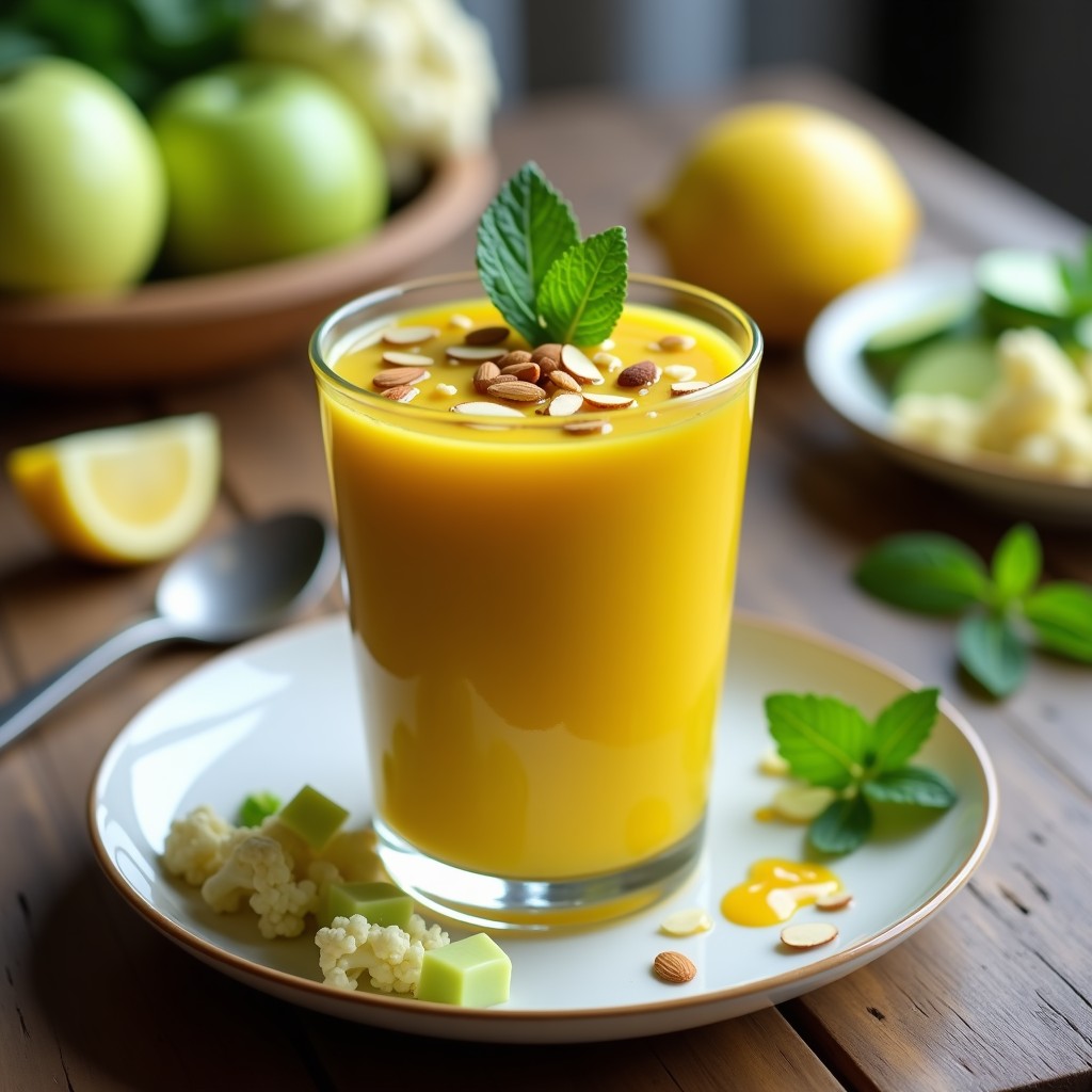 Vaso alto de cristal con gazpacho de coliflor y cúrcuma vegano, de color crema dorado, decorado con almendras fileteadas tostadas y hojas de menta fresca, servido sobre una mesa de madera rústica con un fondo de ingredientes crudos.