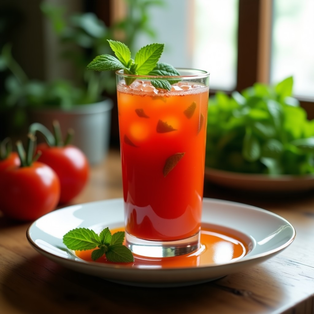 Vaso alto transparente con gazpacho vegano de hierbas frescas, color rojo intenso, decorado con hojas de menta y un hilo de aceite de oliva sobre fondo rústico de madera.