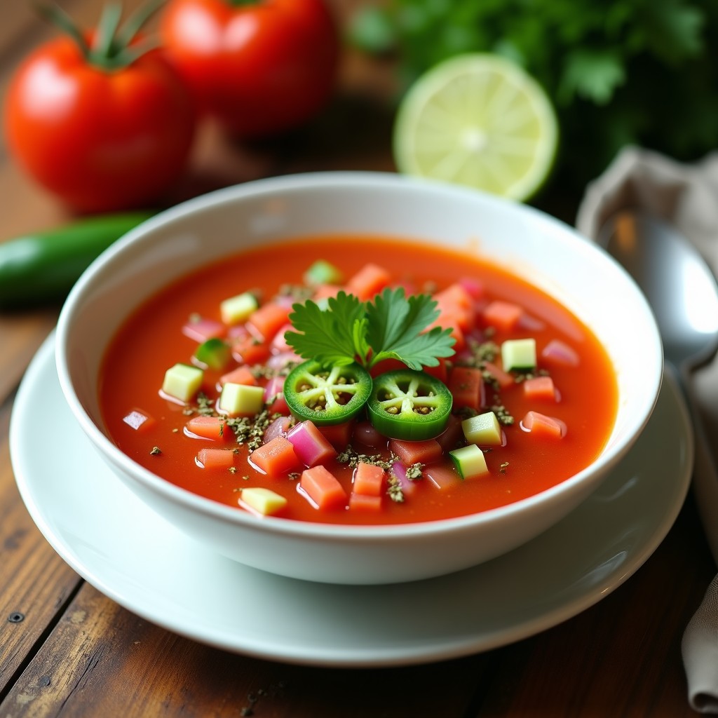Cuenco de gazpacho vegano de pico de gallo con hierbas provenzales, decorado con trozos de tomate, pepino, cebolla morada y jalapeño, servido sobre una mesa rústica de madera con hierbas frescas al lado.
