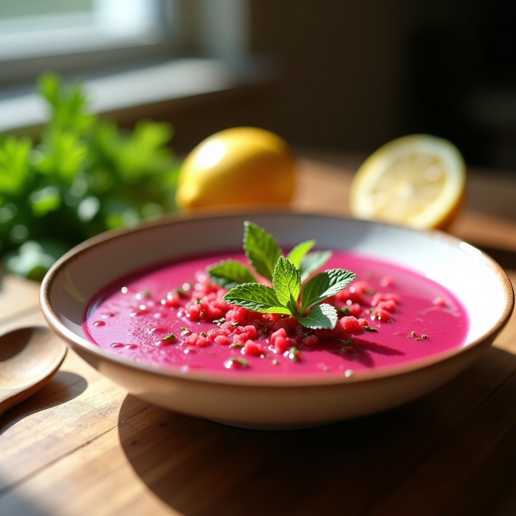 Cuenco de gazpacho vegano de remolacha y apio con color rosa intenso, decorado con hojas de menta fresca y trocitos de remolacha rallada sobre una mesa de madera rústica con fondo desenfocado.