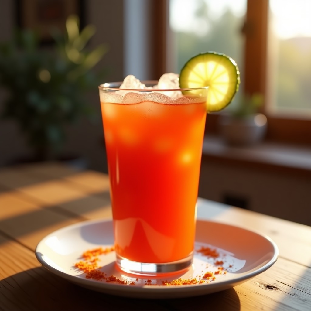Vaso alto de cristal con gazpacho picón sin alcohol, decorado con hielo picado y una rodaja de pepino, sobre una mesa rústica de madera con fondo de campo andaluz.