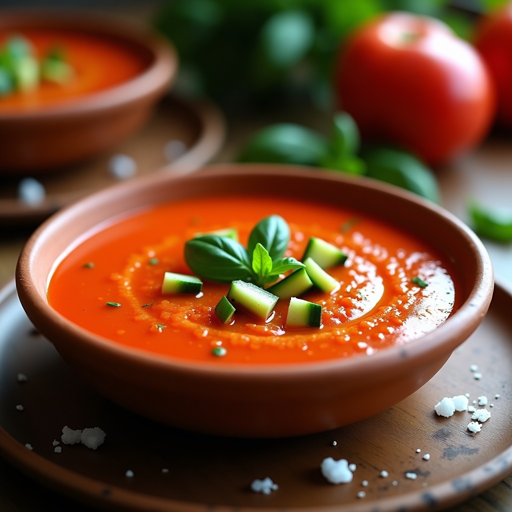 Cenco de barro frío con gazpacho de pimentón ahumado, decorado con trozos de pepino, pimiento y un hilo de aceite de oliva virgen extra sobre fondo rústico.