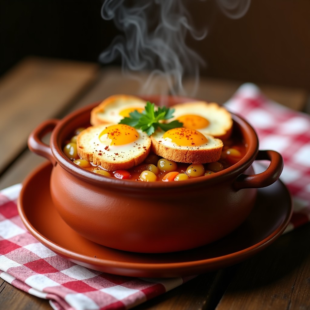 Olla superpuesta con gazpacho manchego tradicional: base de verduras y conejo estofados, cubiertos de pan tostado y huevo cuajado dorado.