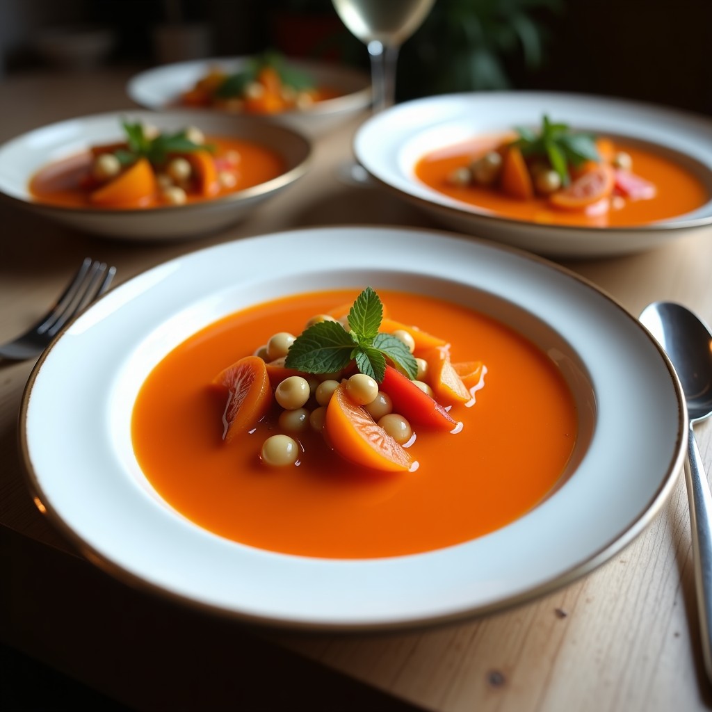 Copas de cristal transparente llenas de gazpacho andaluz rojo intenso, decoradas con tiras de algas nori ahumadas y trozos de pepino. Plato refrescante de verano con fondo de mesa rústica.