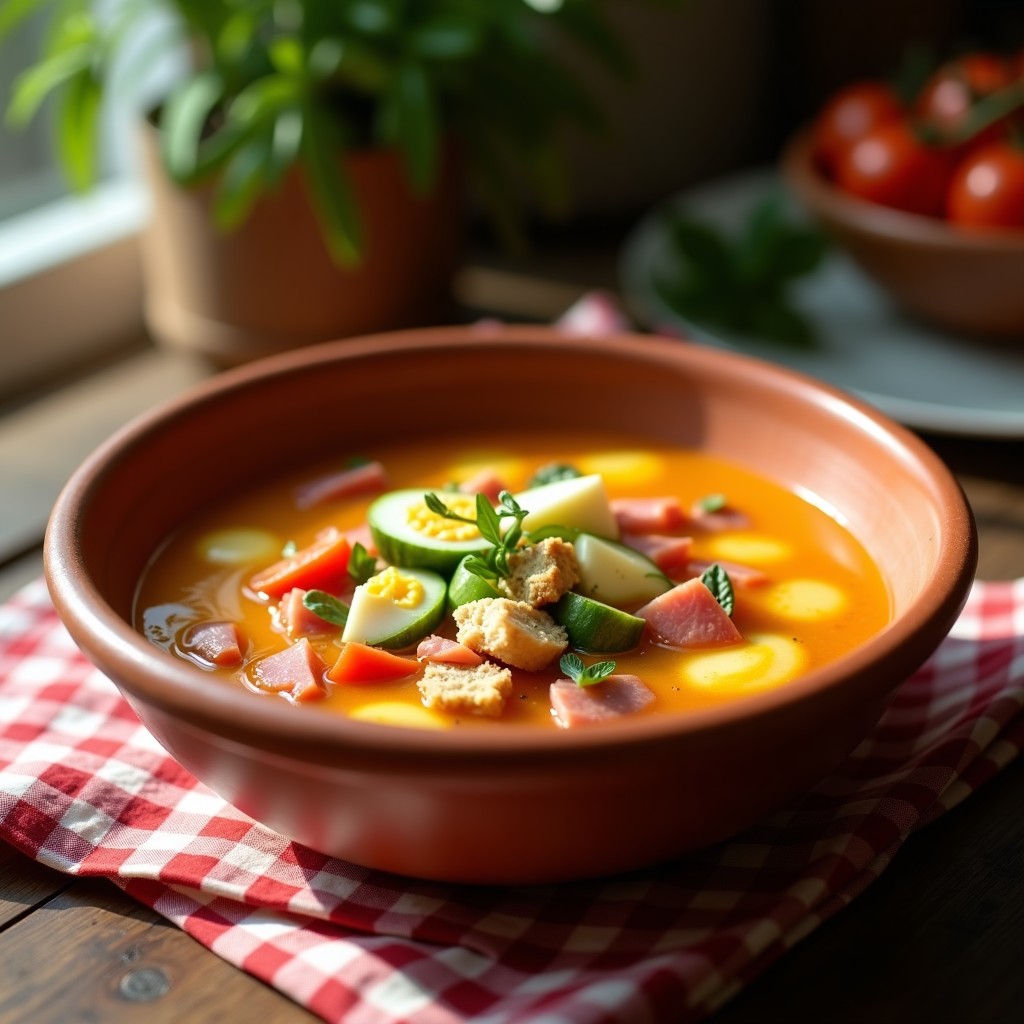 Cuenco de barro rústico con gazocho andaluz, sopa fría de pan duro, tomate, pepino y pimiento verde, decorado con huevo duro, jamón serrano y aceite de oliva virgen extra.