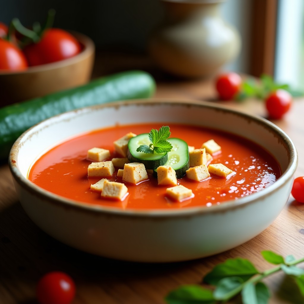 Cuenco de gazpacho andaluz vegano con trozos de tofu ahumado, pepino y un hilo de aceite de oliva, servido en cuenco rústico con fondo de madera.