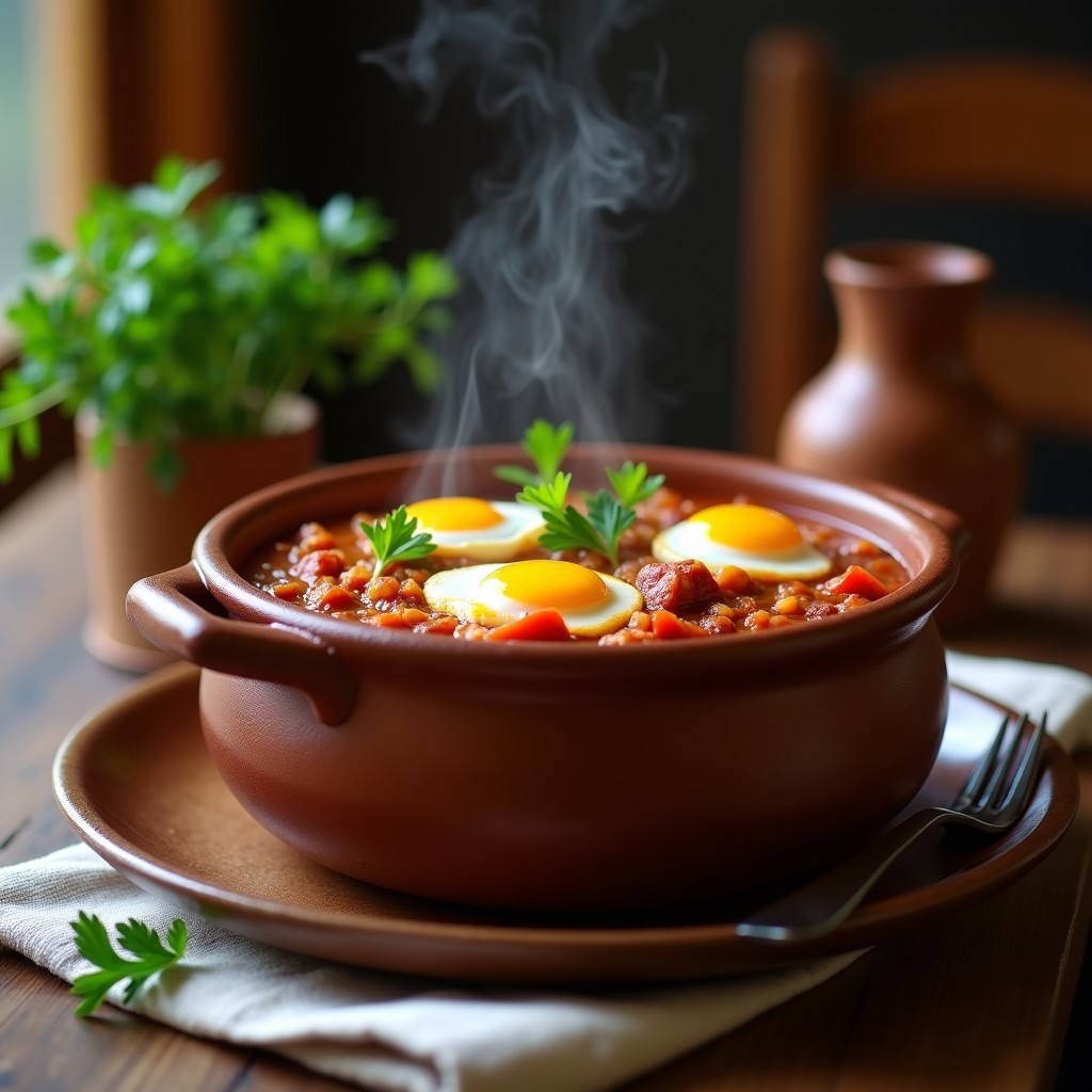 Cazuela de barro humeante con gazpacho manchego espeso, chorizo, morrilla y huevos escalfados, decorado con ajo arriero y perejil fresco, receta tradicional de La Mancha.