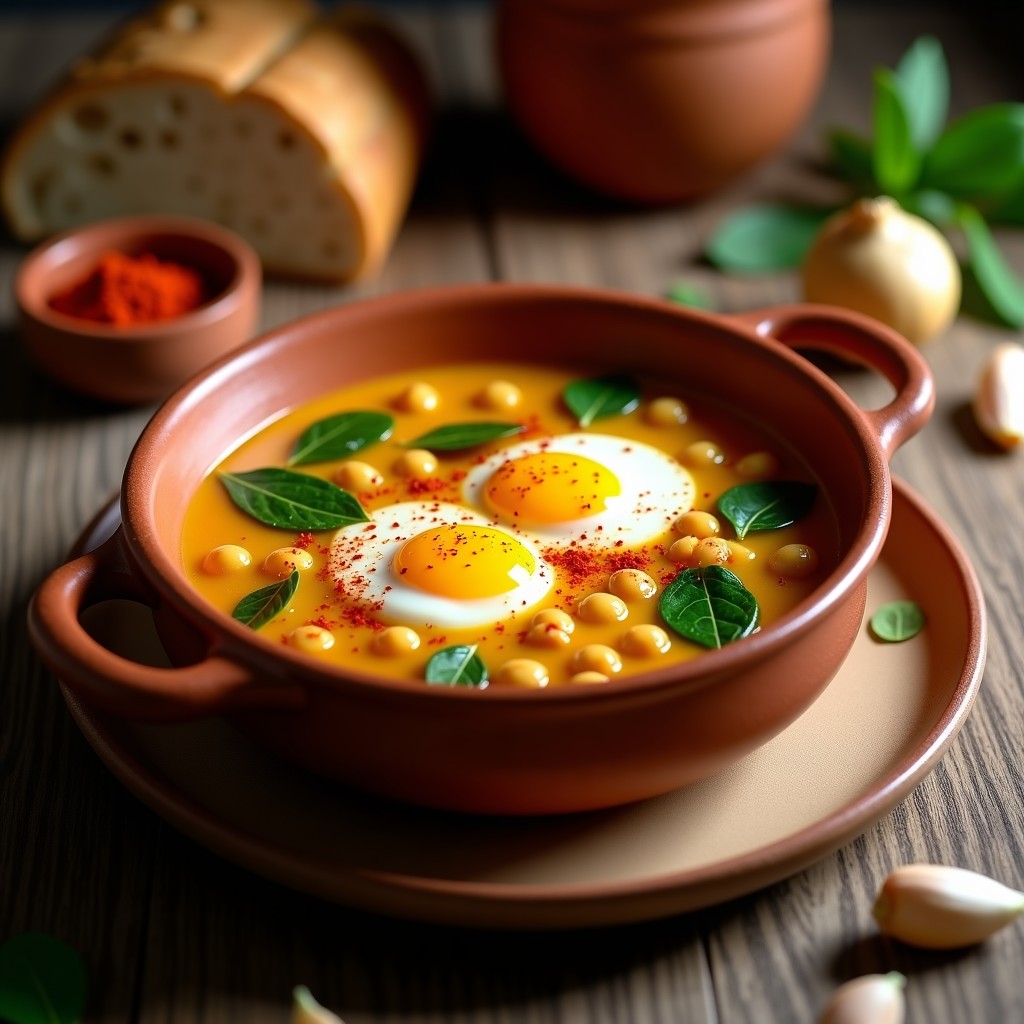 Cazuela de barro humeante con gazpacho manchego tradicional, garbanzos, espinacas y huevos escalfados en caldo dorado, espolvoreado con pimentón de la Vera.