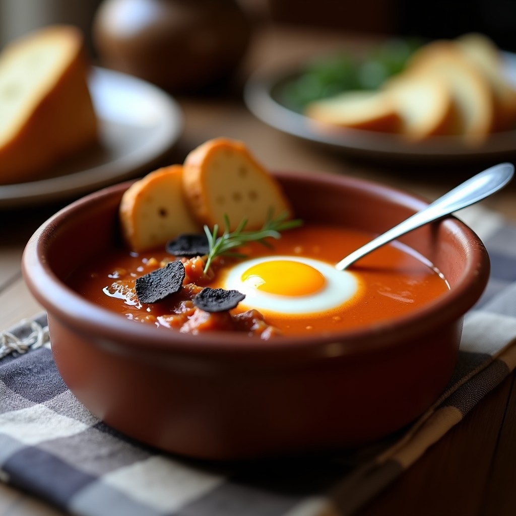 Plato hondo de barro con gazpacho manchego espeso, ternera desmenuzada, pan tostado y huevo escalfado, decorado con láminas de trufa negra y ajos dorados. Receta tradicional de La Mancha.