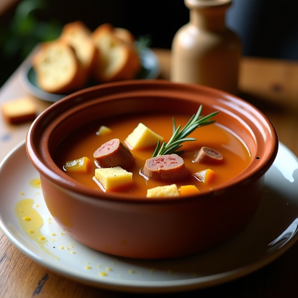 Olla de barro humeante con gazpacho manchego tradicional, espeso y dorado, lleno de trozos de conejo, chorizo y pan, servido en cuenco de cerámica rústica.