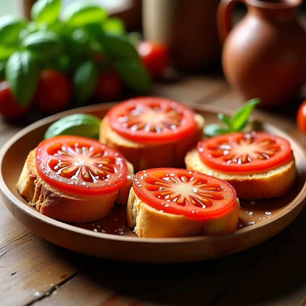 Plato de madera rústico con rebanadas de pan tostado cubiertas de tomate maduro frotado y bañadas en aceite de oliva virgen extra, gazoleo andaluz tradicional.