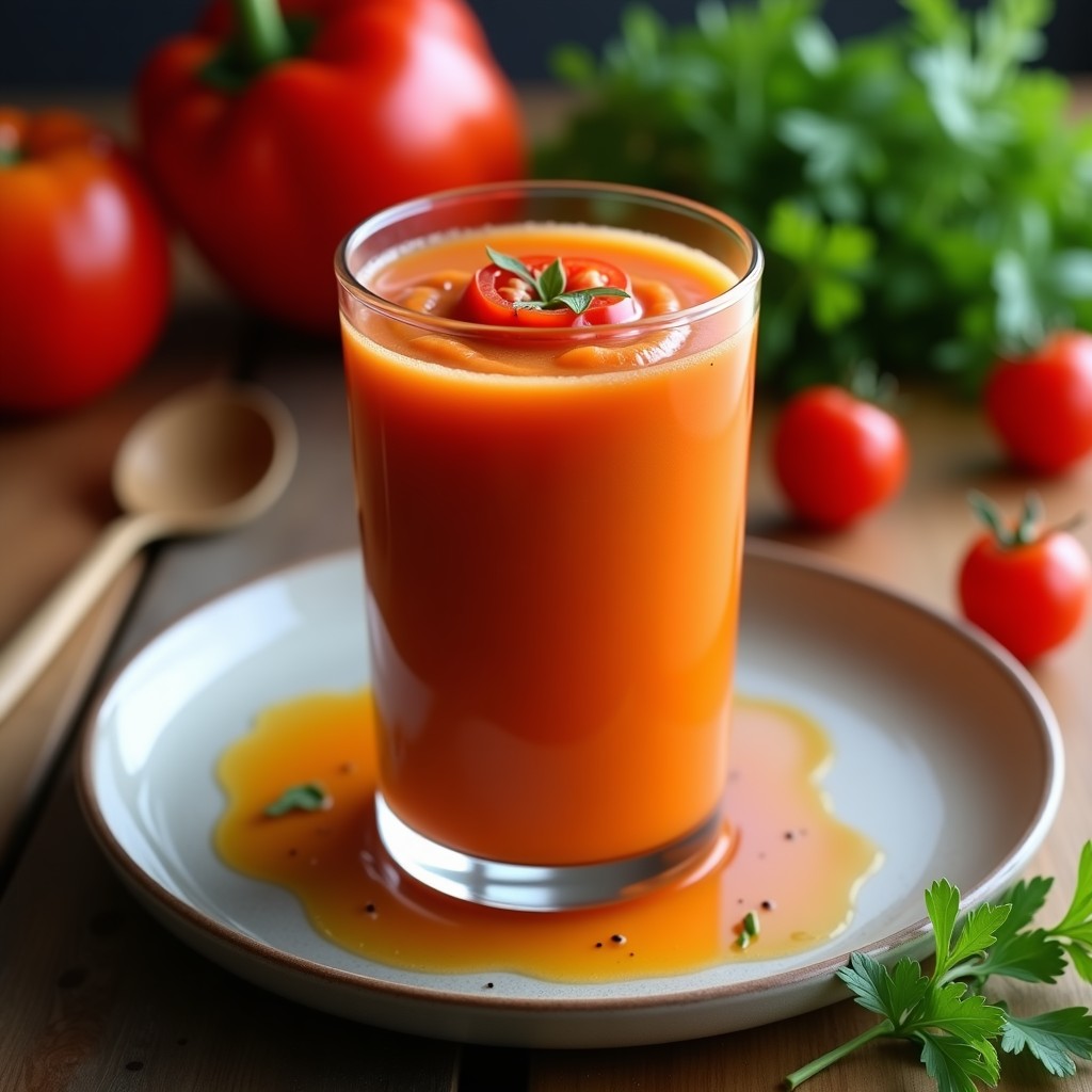 Vaso alto de gazpacho andaluz ahumado con textura cremosa, decorado con virutas de pimiento rojo ahumado y un hilo de aceite de oliva virgen extra, servido sobre una mesa rústica de madera con tomates y pimientos al fondo.