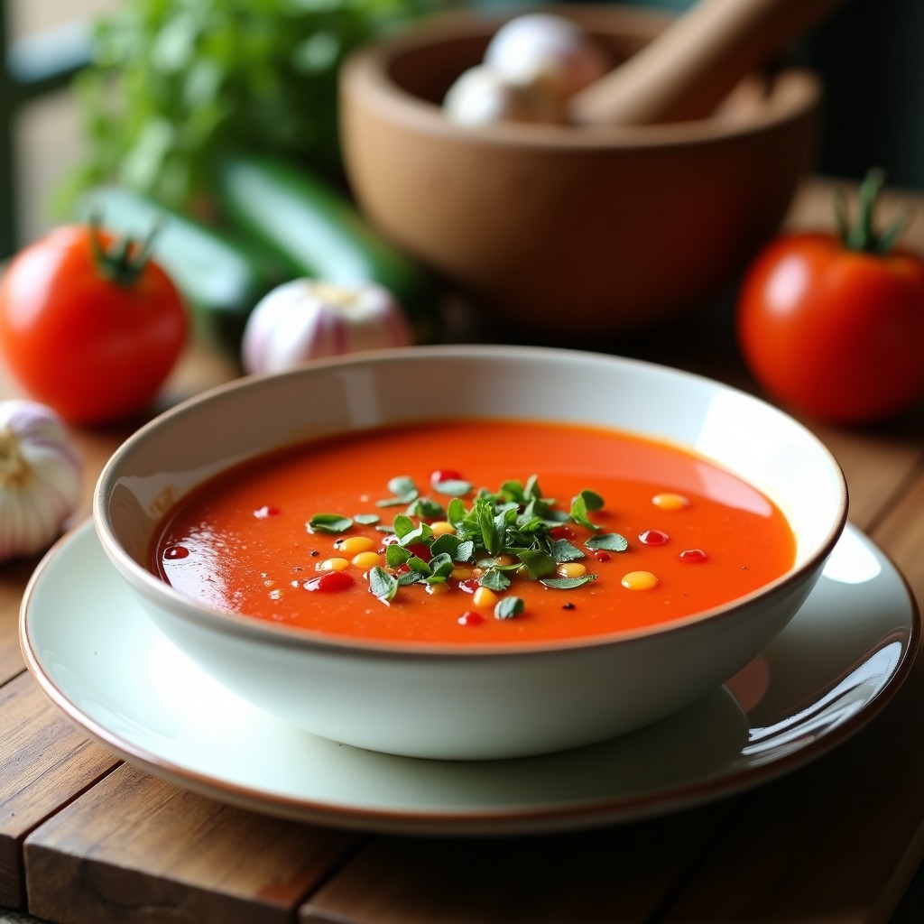 Cuenco de gazpacho andaluz con ajo negro servido en plato blanco, decorado con trozos de pimiento, cebolla y un hilo de aceite de oliva virgen extra, con fondo de mesa rústica.