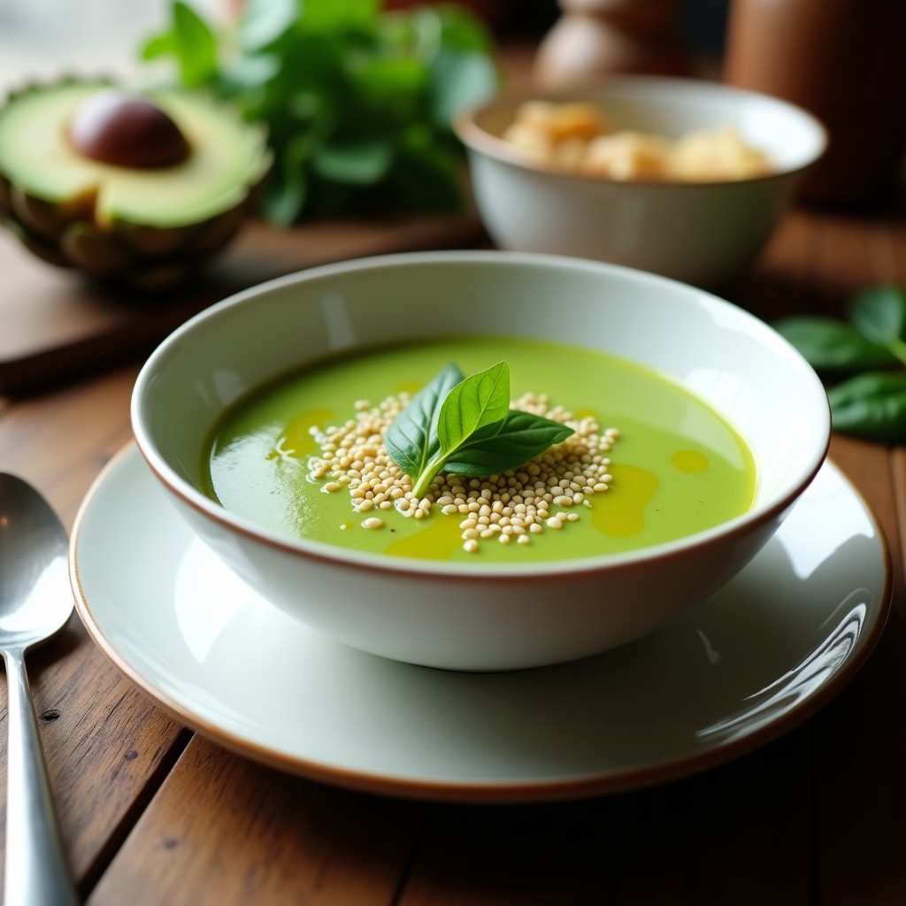 Cuenco de gazpacho andaluz frío de alcachofa y espinaca, con semillas de sésamo tostadas y hilo de aceite de oliva, servido sobre fondo rústico de madera.