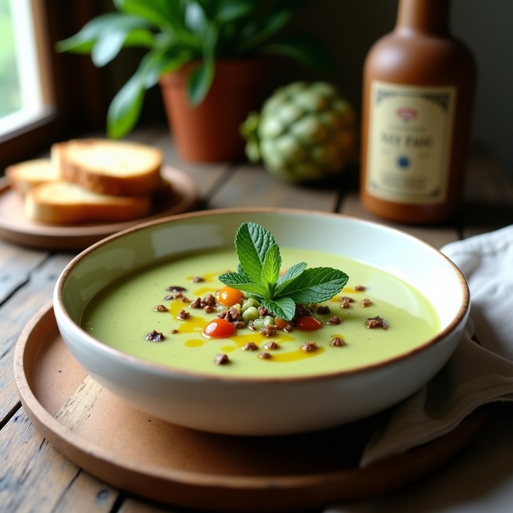 Cuenco de gazpacho andaluz de alcachofa con toque de trufa, decorado con hojas de menta y gotas de aceite de trufa, sobre fondo rústico.