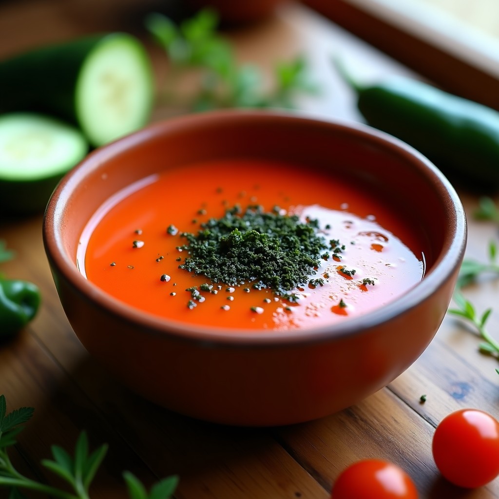 Gazpacho andaluz con algas marinas servido en un bol de barro rústico, con copos de algas nori y un hilo de aceite de oliva en la superficie, rodeado de trozos de pepino y pimiento fresco.