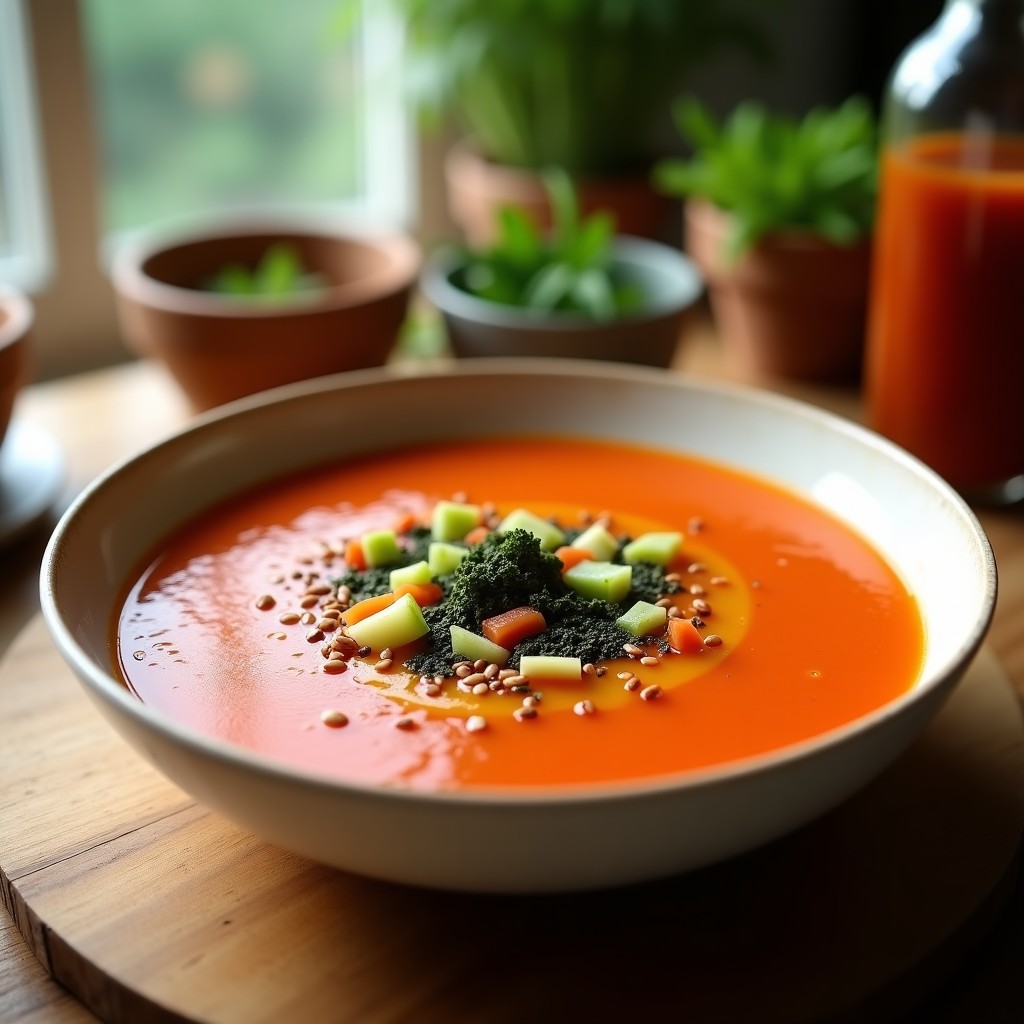 Cuenco de gazpacho andaluz frío con algas nori, decorado con semillas de sésamo y trozos de pepino, pimiento y cebolla morada, servido con un hilo de aceite de oliva.