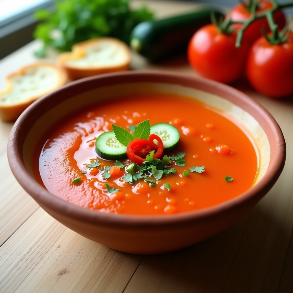 Cuenco de barro rústico con gazpacho andaluz fresco, decorado con trozos de pepino, pimiento y un hilo de aceite de oliva virgen extra sobre fondo de madera clara.