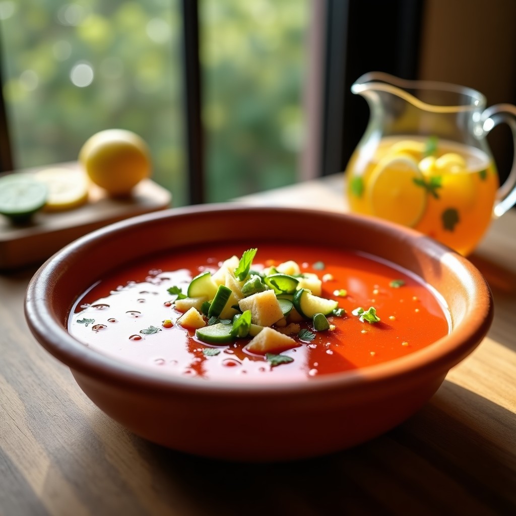 Cuenco de barro rústico con gazpacho andaluz auténtico, decorado con trozos de pepino, pimiento verde y pan tostado, servido en una mesa de madera con fondo de jardín soleado.