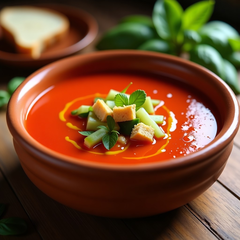 Cuenco de barro frío con gazpacho andaluz cremoso, decorado con trocitos de pepino, pimiento verde y croutons. Chorrito de aceite de oliva virgen extra sobre la superficie. Fondo de mesa rústica con pan y hierbas frescas.