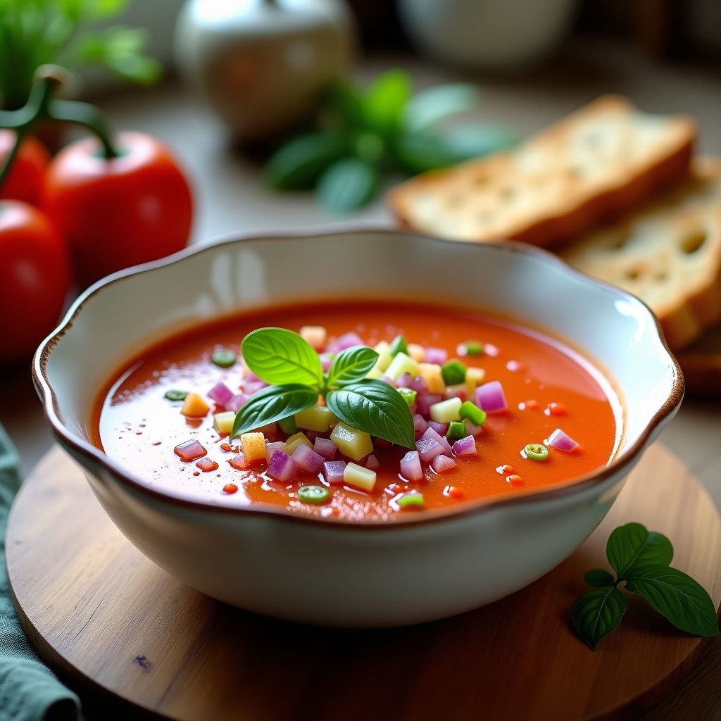 Cuenco de gazpacho andaluz fresco con trozos de cebolla morada, pepino y croutons, servido con un hilo de aceite de oliva virgen extra.