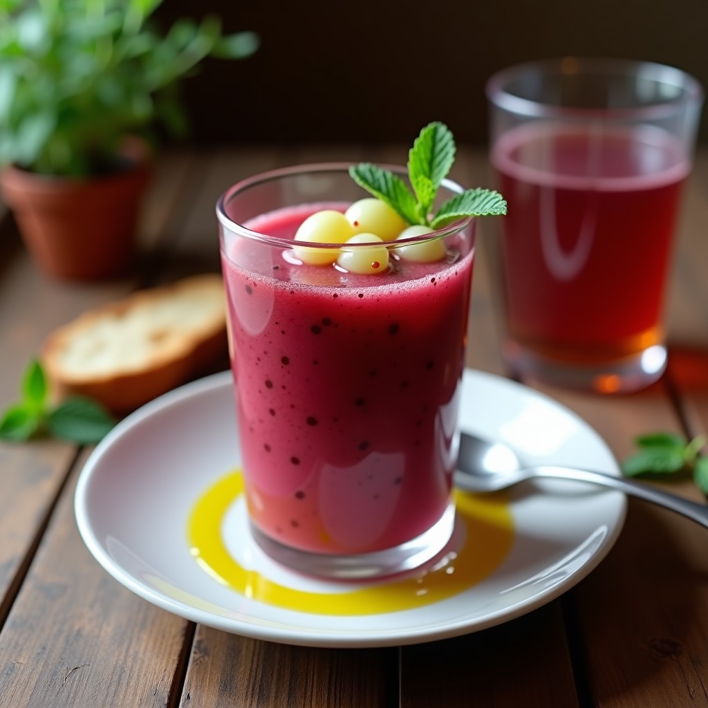 Copa de cristal alta llena de gazpacho andaluz con uva helado, de color rojo intenso con toques morados, decorado con uvas blancas y un hilo de aceite de oliva virgen extra, sobre fondo rústico de madera con hierbas frescas.
