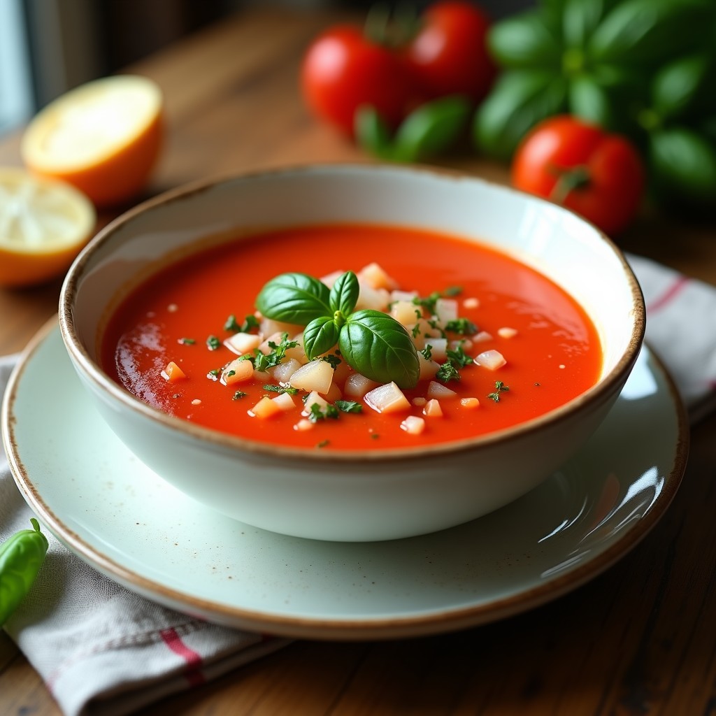 Cuenco de gazpacho andaluz cremoso sin pan, de color rojo intenso, decorado con trocitos de pimiento verde, cebolla morada y gotas de aceite de oliva virgen extra, sobre una mesa rústica de madera con un fondo de verano.