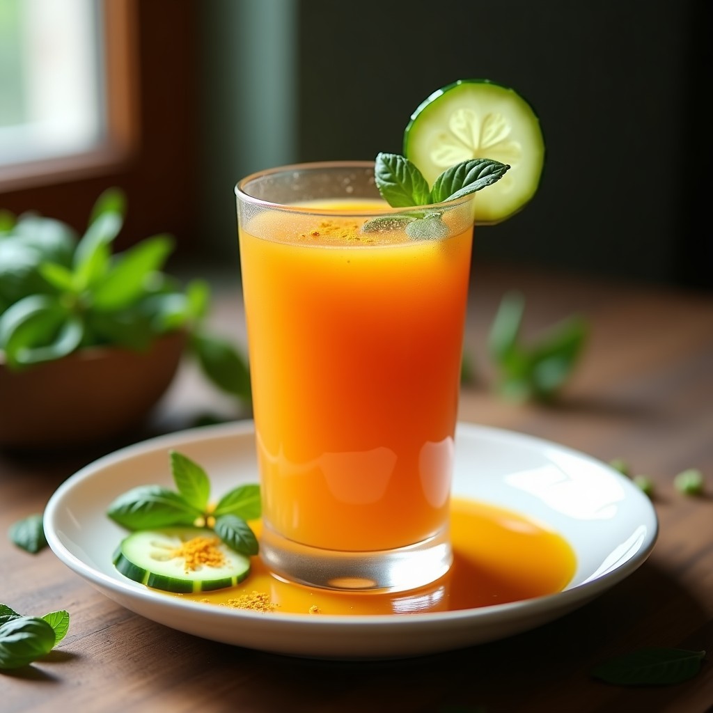 Copa de cristal alta con gazpacho andaluz de color naranja vibrante, decorado con rodajas de pepino, un hilo de aceite de oliva y una pizca de cúrcuma en polvo, sobre fondo rústico de madera con hierbas frescas.