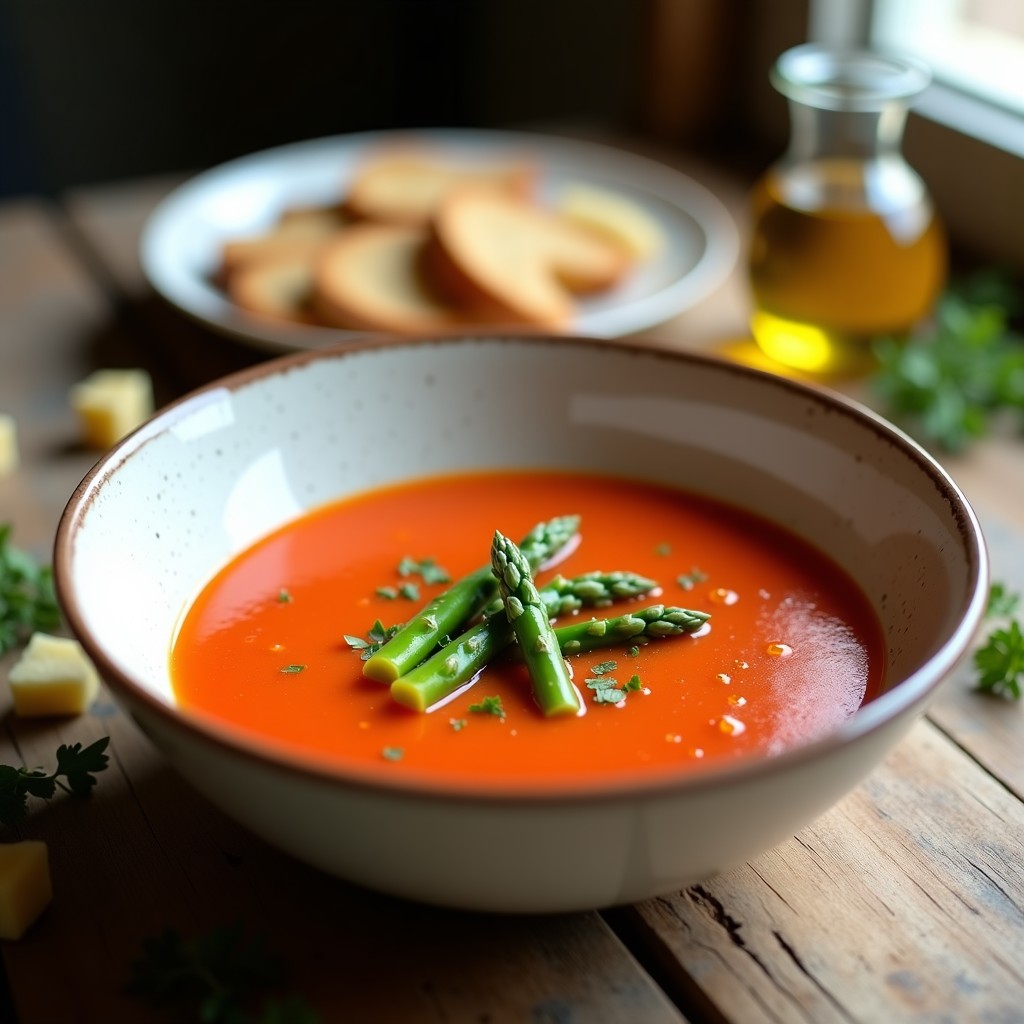 Cuenco de gazpacho andaluz cremoso con trozos de espárragos trigueros verdes, decorado con aceite de oliva y servido en una mesa rústica con pan tostado.