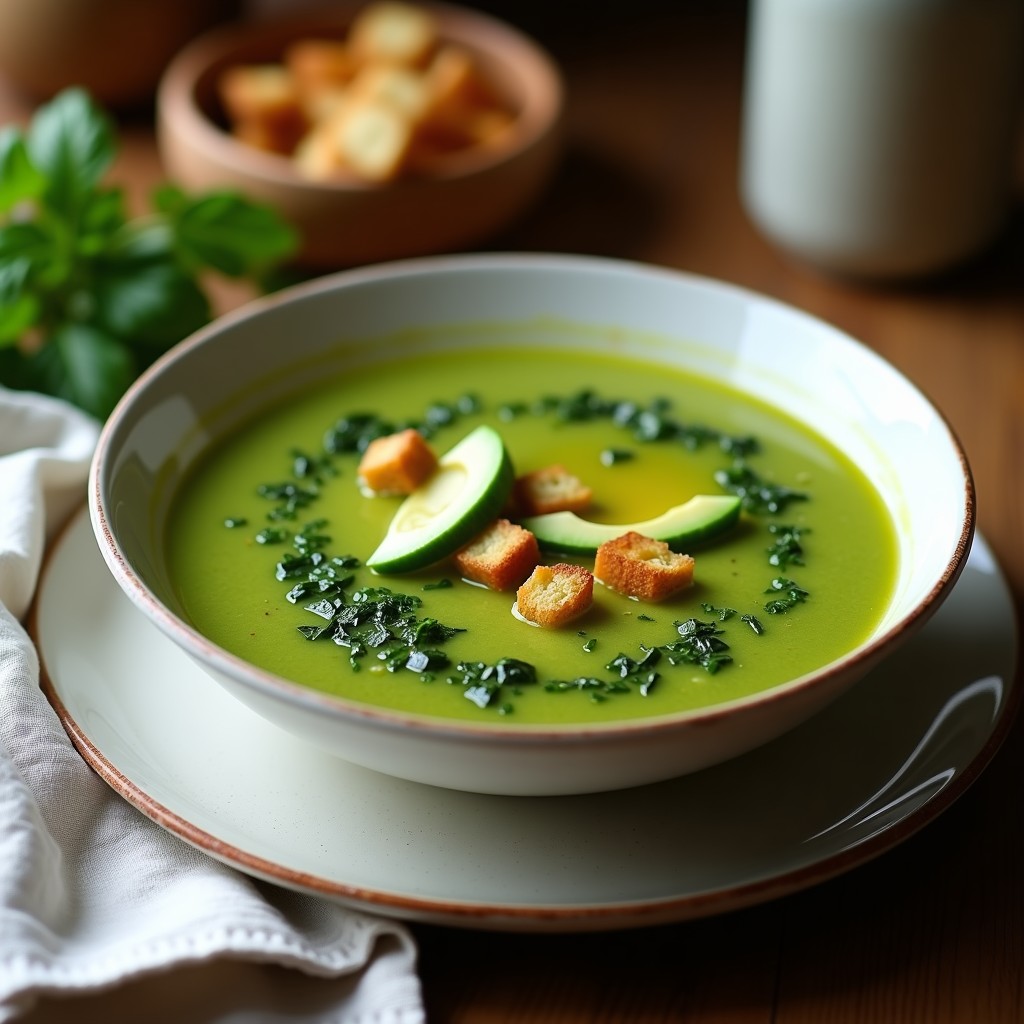 Cuenco de gazpacho andaluz verde esmeralda con trozos de aguacate y pepino, servido con croutons dorados y una cucharada de aceite de oliva virgen extra.