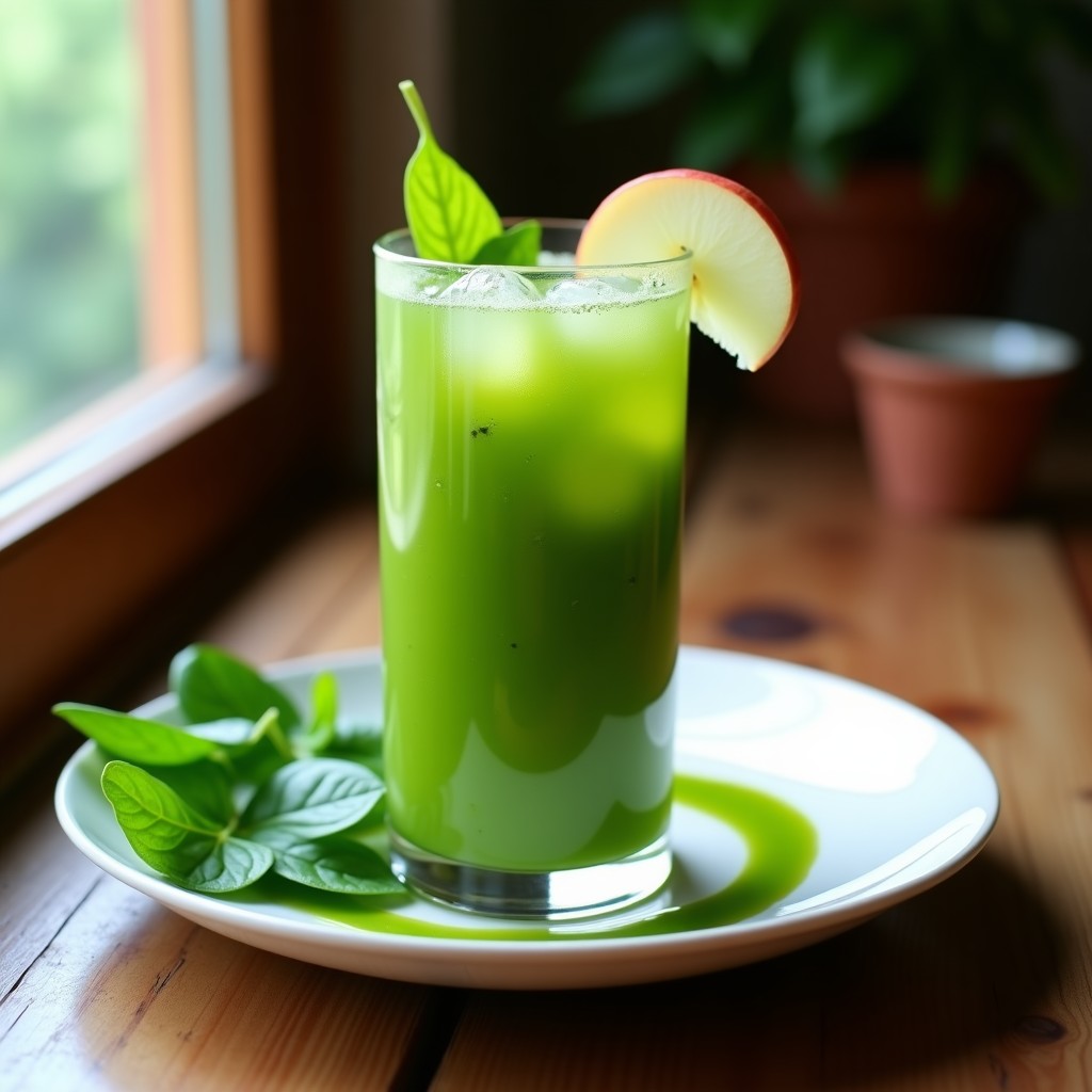 Copa de cristal transparente llena de gazpacho andaluz de espinaca y manzana, de color verde vibrante, decorado con una rodaja de manzana verde y hojas de espinaca fresca, servido sobre una mesa de madera rústica con luz natural.
