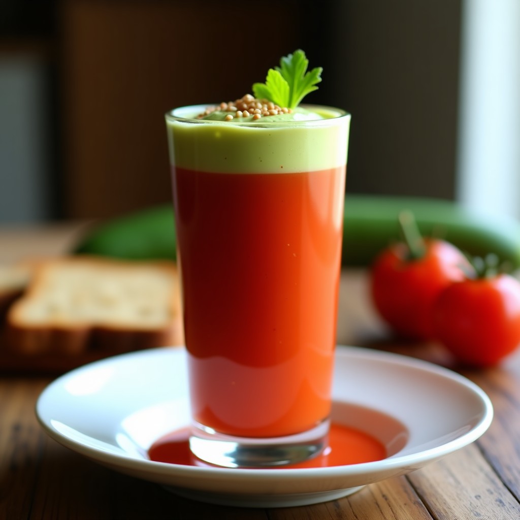 Gazpacho andaluz servido en vaso alto con espuma de aguacate verde cremosa en la superficie, decorado con semillas de sésamo y hoja de cilantro, fondo de mesa rústica con tomates y pepino.