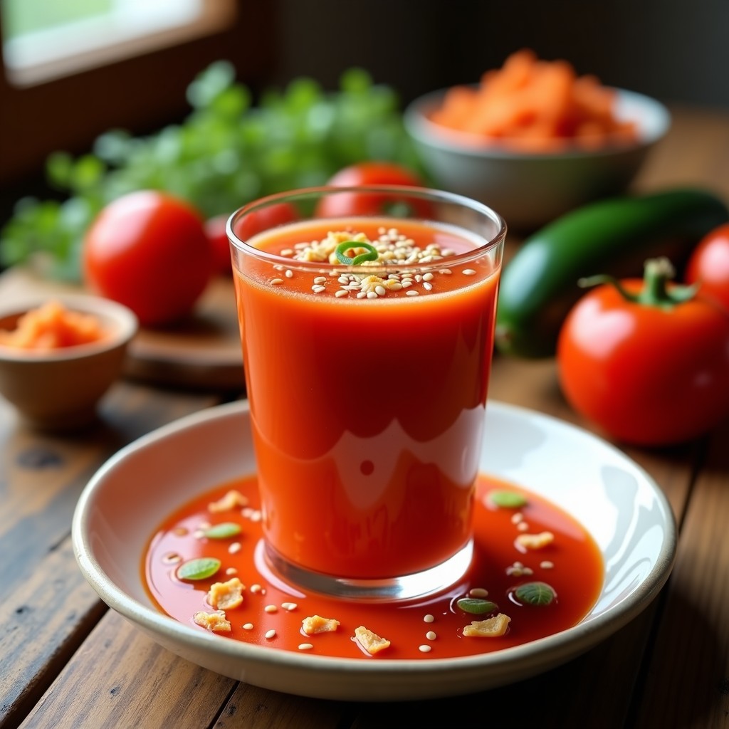 Vaso alto de gazpacho andaluz con kimchi fermentado, decorado con semillas de sésamo y trozos de kimchi, con fondo de ingredientes frescos como tomate, pepino y pimiento.