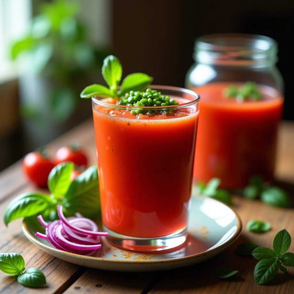 Vaso de cristal alto con gazpacho andaluz fermentado de color rojo intenso, decorado con trocitos de pimiento verde, cebolla morada y una cucharada de aceite de oliva virgen extra. Fondo rústico con hierbas frescas y un tarro de vidrio con el resto del gazpacho.