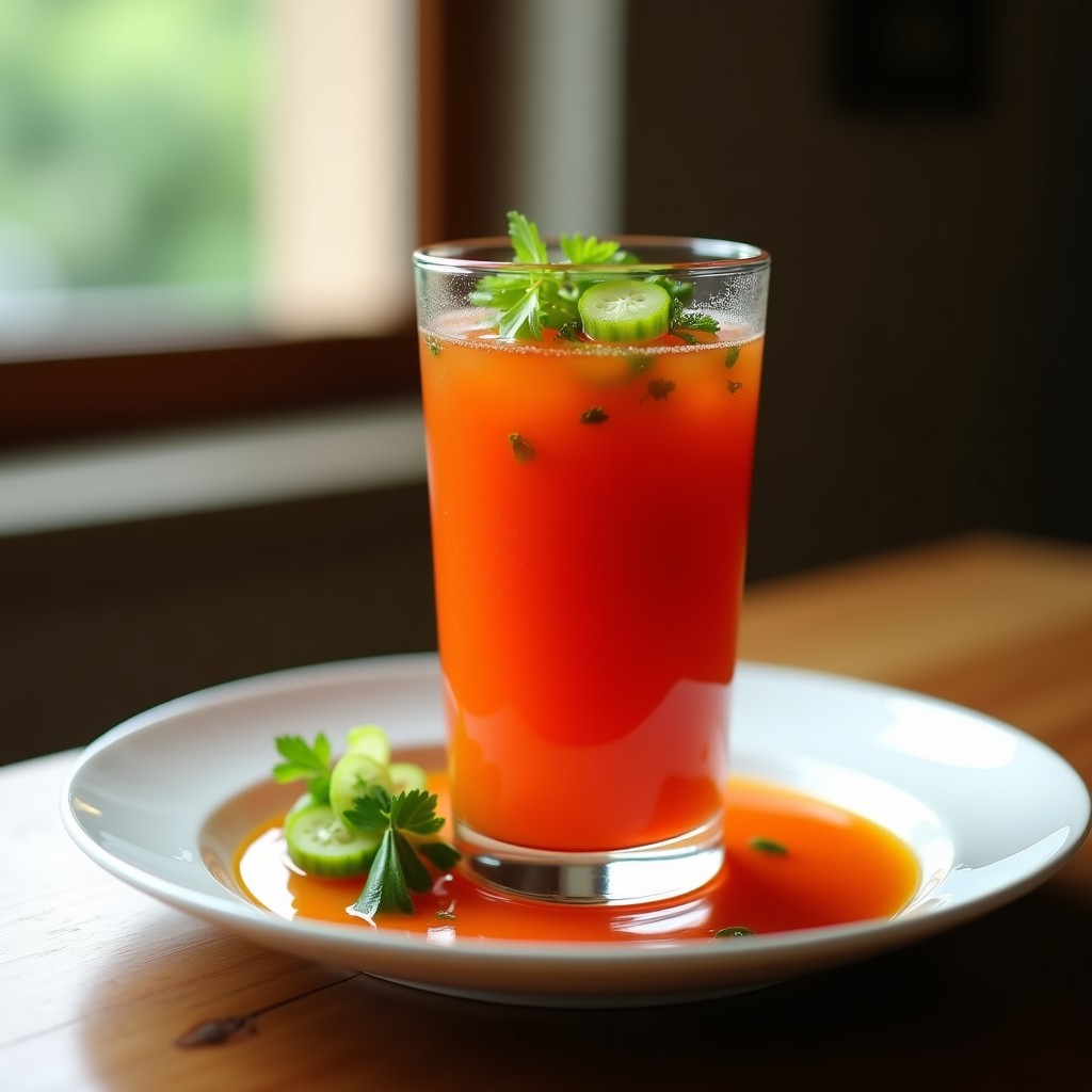 Vaso alto de cristal con gazpacho andaluz helado, decorado con trozos de pepino, pimiento verde y un hilo de aceite de oliva virgen extra sobre fondo rústico de madera.