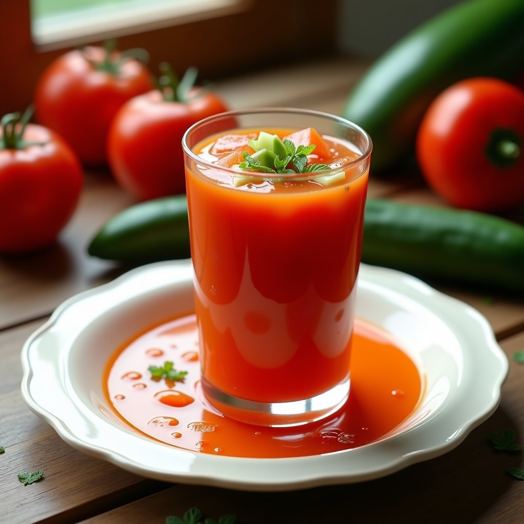 Vaso alto de cristal con gazpacho andaluz helado, decorado con trozos de pepino, pimiento y un hilo de aceite de oliva sobre fondo rústico de madera.
