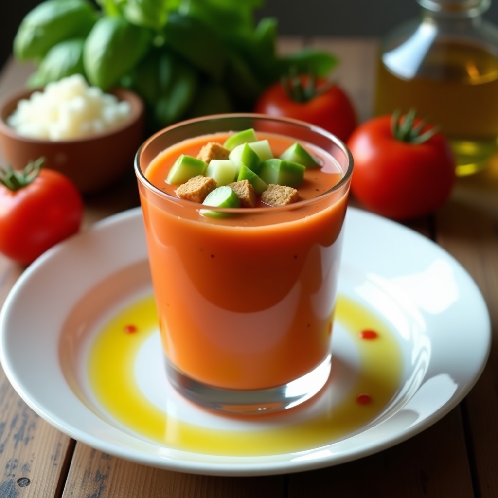 Vaso alto transparente con gazpacho andaluz helado, decorado con daditos de pepino, pimiento verde y croutons. Fondo de mesa rústica con tomates y hierbas frescas.