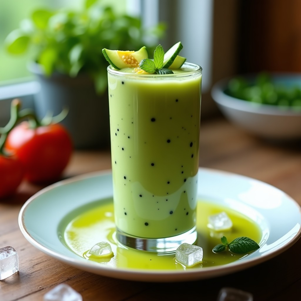 Vaso alto transparente con gazpacho andaluz helado sin tomate, de color verde claro y textura cremosa, decorado con rodajas finas de pepino y pimiento verde, servido sobre una mesa rústica con hielo picado.